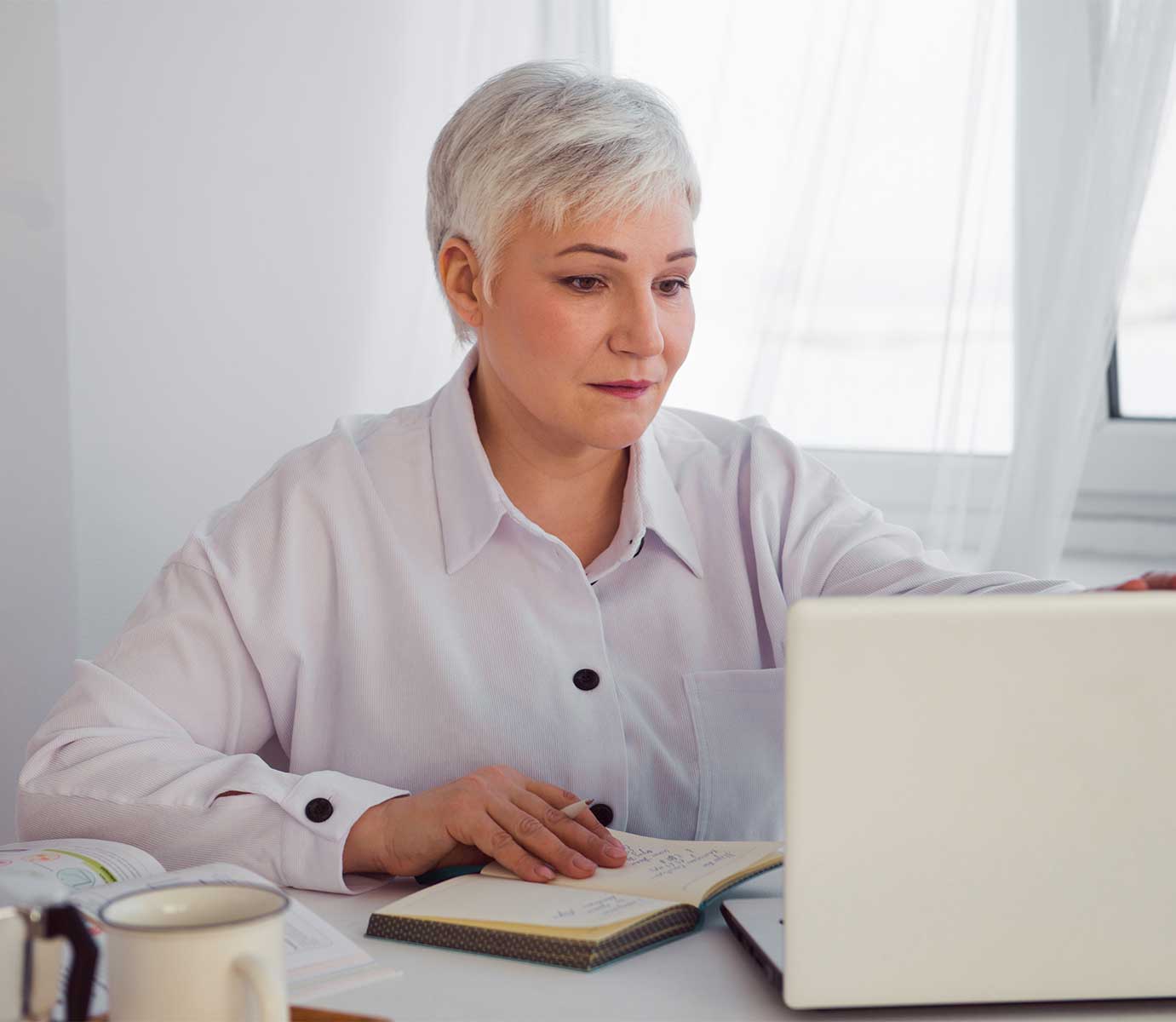 grey haired businesswoman working with a computer